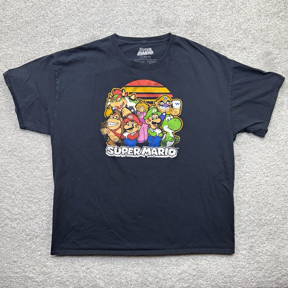 Super Mario Bros T Shirt Mens 2XL Black Group Characters Sunset Mad Engine